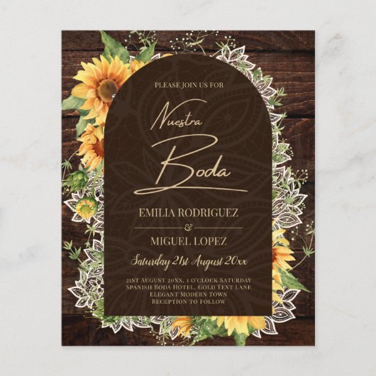 Boda de Girasoles de Madera Rústica Bilingüe Flyer (Voorkant)
