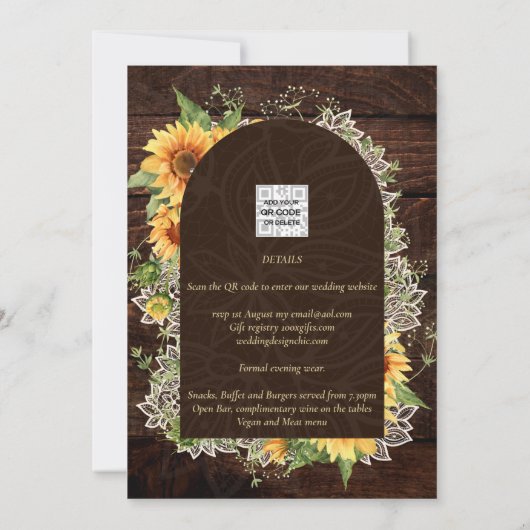 Boda de Girasoles de Madera Rústica Bilingüe Kaart (Achterkant)