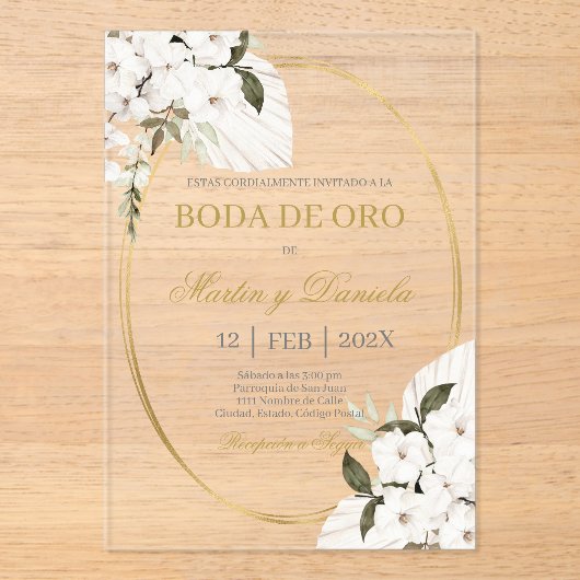Boda de oro con boho blanco acryl uitnodigingen (Voorkant)