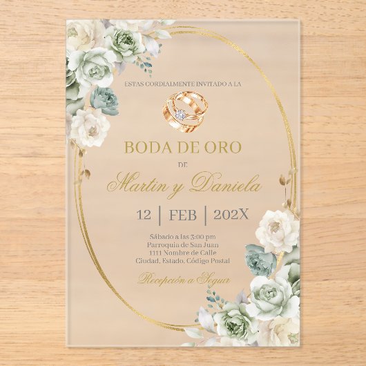 Boda de oro con boho blanco acryl uitnodigingen (Voorkant)
