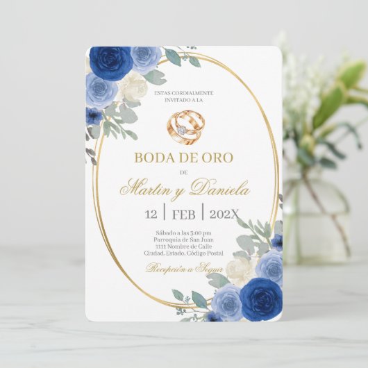 Boda de oro con flor azul kaart (Staand voorkant)
