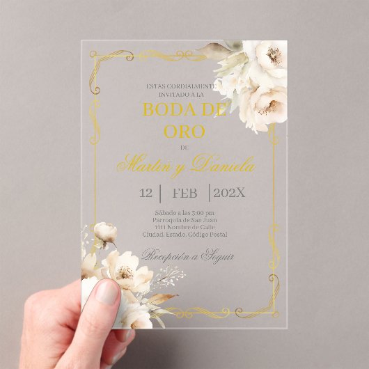 Boda de oro con flor blanca acryl uitnodigingen (Insitu (Draagbaar))