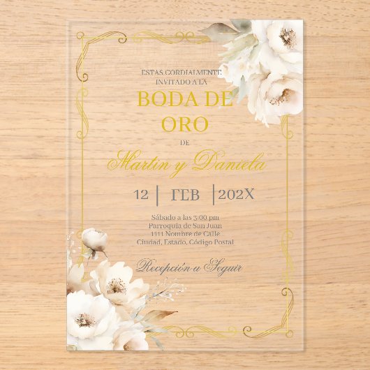 Boda de oro con flor blanca acryl uitnodigingen (Voorkant)