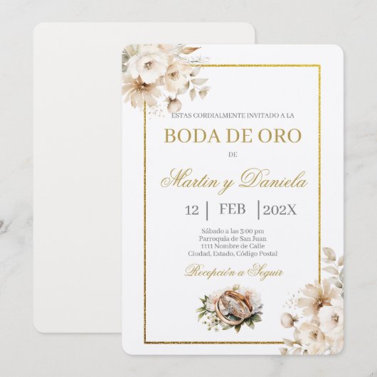 boda de oro con flor blanca kaart (Voorkant / Achterkant)