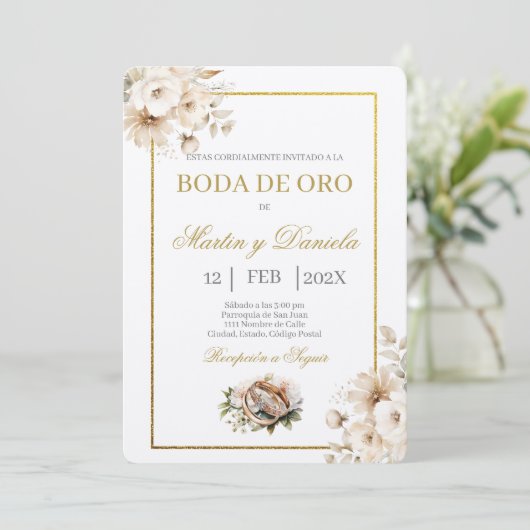 boda de oro con flor blanca kaart (Staand voorkant)