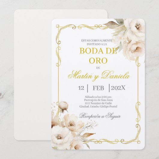 Boda de oro con flor blanca kaart (Voorkant / Achterkant)