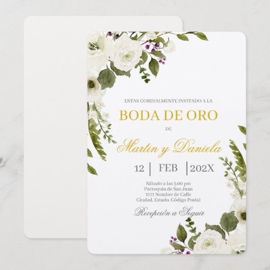 Boda de Oro con Ramo de flor blanca Kaart (Voorkant / Achterkant)