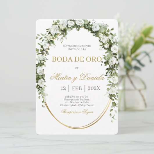 Boda de oro con ramo de flores blancas kaart (Staand voorkant)