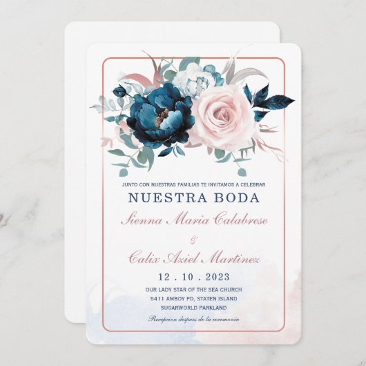 Boda en oro rosa y azul marino kaart (Voorkant / Achterkant)