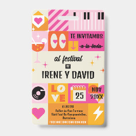 Boda Festivalera Naranja y Rosa Retro WedFest Badge