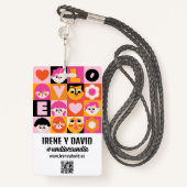 Boda Festivalera Naranja y Rosa Retro WedFest Badge (Achterkant met draagriem)