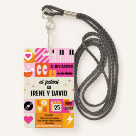 Boda Festivalera Naranja y Rosa Retro WedFest Badge