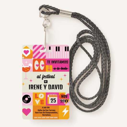 Boda Festivalera Naranja y Rosa Retro WedFest Badge (Voorkant met draagriem)