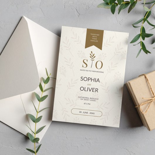 Boda romántico dorado ramas de olivo kaart