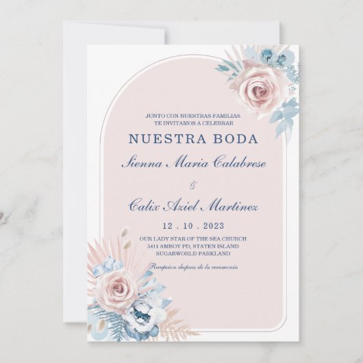 Bodas en azul empolvado y rosa rubor kaart (Voorkant)