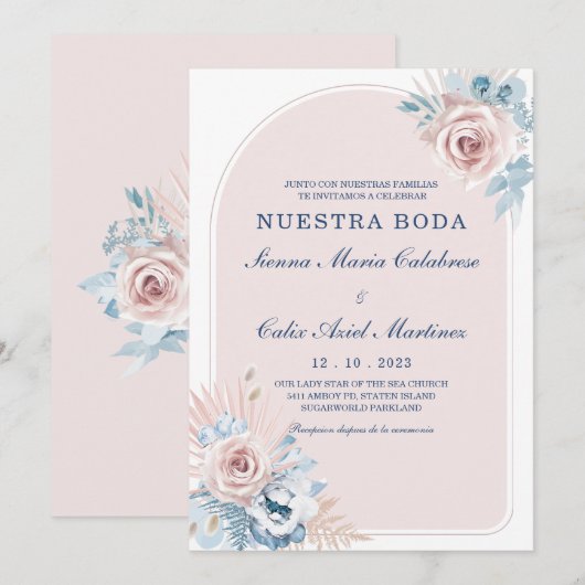 Bodas en azul empolvado y rosa rubor kaart (Voorkant / Achterkant)