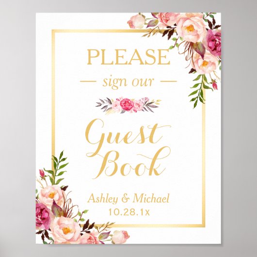 Bodembord voor gasten | Elegant Chic Floral Gold Poster (Voorkant)