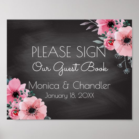Bodembord voor gasten | Elegant Floral Chalkboard Poster (Voorkant)