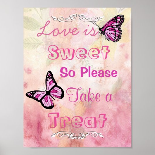 Bodembord voor Snoep Buffet, roze en Butterflies Poster (Voorkant)