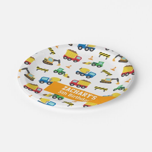 Bodembouwvoertuigen Pattern Birthday Party Papieren Bordje (Gekanteld)