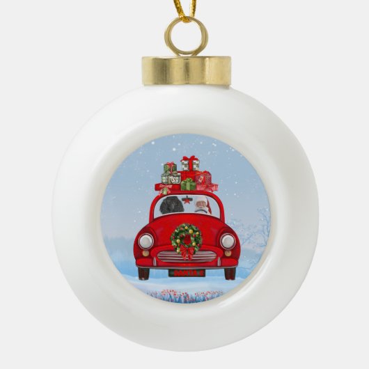 Bodemhond in auto met kerstman keramische bal ornament (Voorkant)