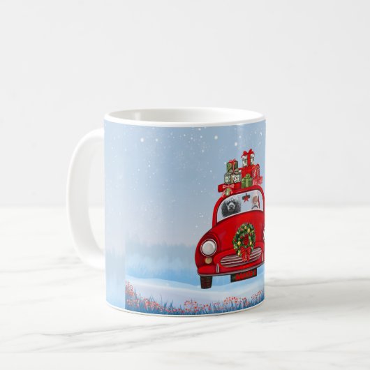 Bodemhond in auto met kerstman koffiemok (Voorkant links)