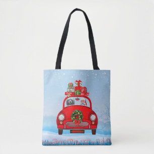 Bodemhond in auto met kerstman tote bag