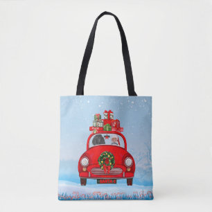 Bodemhond in auto met kerstman tote bag