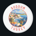 Bodrum Turkije Retro Noodlijdende Cirkel Magneet<br><div class="desc">Bodrum retro vector reisontwerp. Bodrum is een stad op het schiereiland Bodrum,  die zich uitstrekt van de zuidwestkust van Turkije tot het Egeïsche Zee. De stad beschikt over twee baaien met uitzichten van Bodrum Castle.</div>
