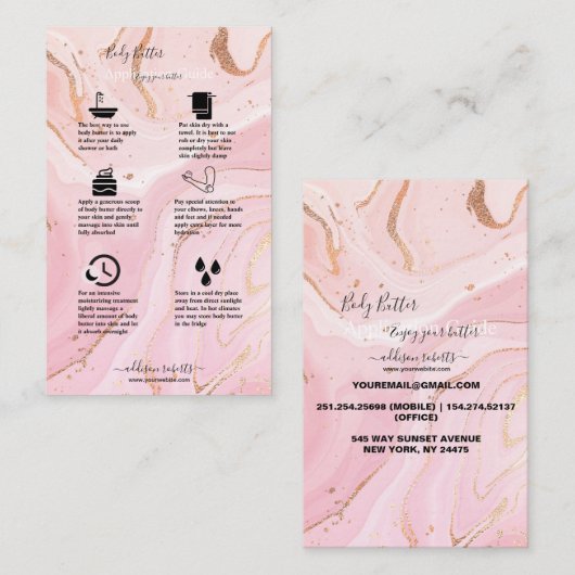 Body Butter Application Guide Roze Gold Waterverf Visitekaartje (Voorkant / Achterkant)