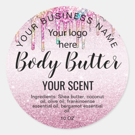 Body Butter Gold Pink Glitter Voeg je logo toe Ronde Sticker (Voorkant)