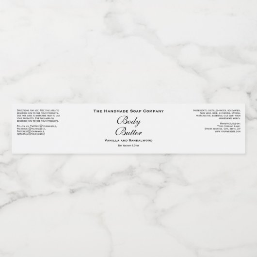 Body Butter Jar Label - Wit met Zwarte Tekst Waterfles Etiket (Enkel label)