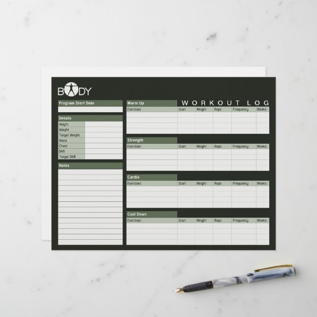 Body Madness Fitness Persoonlijke Workout Log Shee (Voorkant / Achterkant in situ)