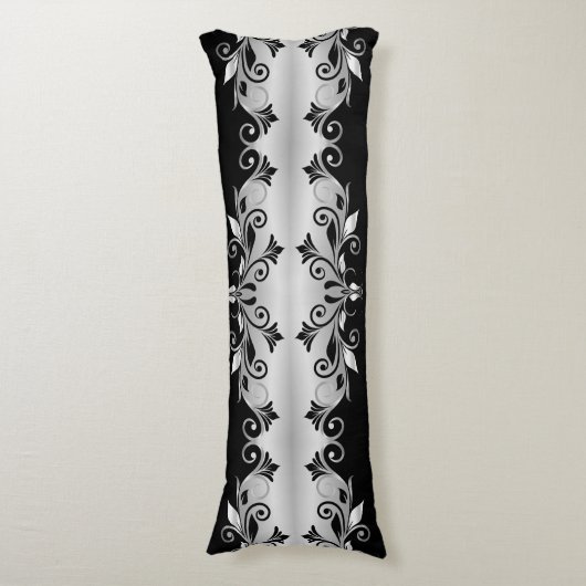 Body Pillow - Bloeit Zwart en Zilver Lichaamskussen (Voorkant Verticaal)