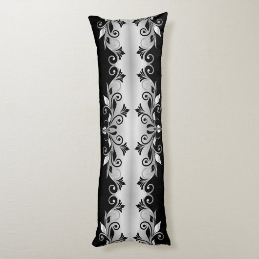 Body Pillow - Bloeit Zwart en Zilver Lichaamskussen (Achterkant (Verticaal))