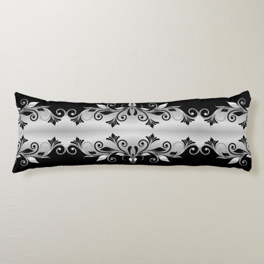 Body Pillow - Bloeit Zwart en Zilver Lichaamskussen (Voorkant)