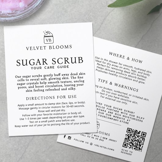 Body scrub packaging insert care marketing flyer