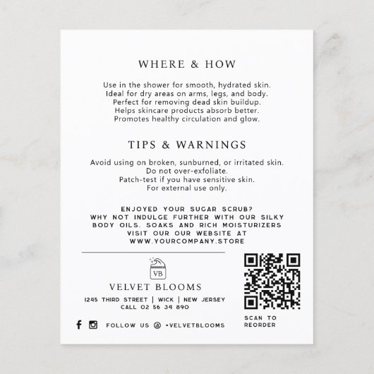 Body scrub packaging insert care marketing flyer (Achterkant)