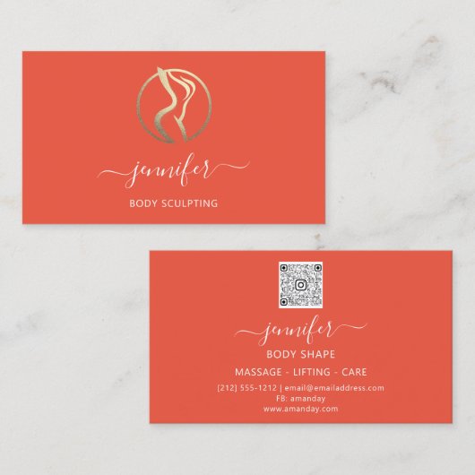 Body Shaping Sculpting Massage Goud Logo QR Koraal Visitekaartje (Voorkant / Achterkant)