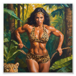 Bodybuilder in Leopard Outfit Omgeven door Oerwoud Foto Afdruk