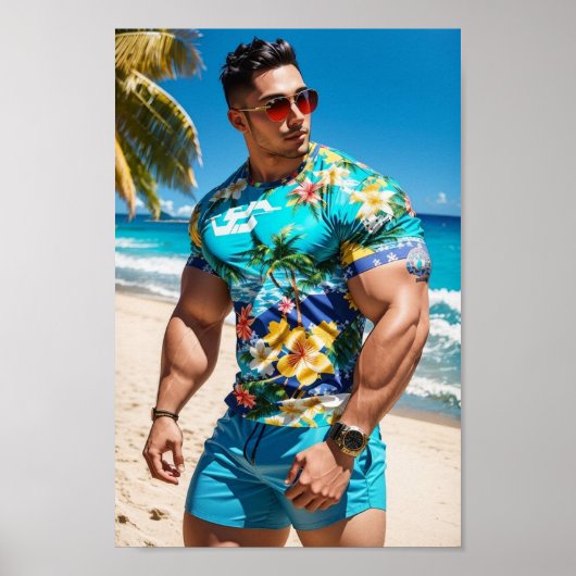 Bodybuilder Model op Hawaii Beach Poster (Voorkant)