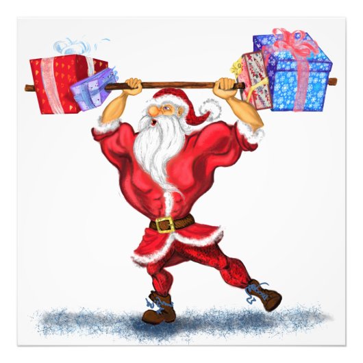Bodybuilder Santa Claus met kerstcadeautjes - Fun Foto Afdruk (Voorkant)