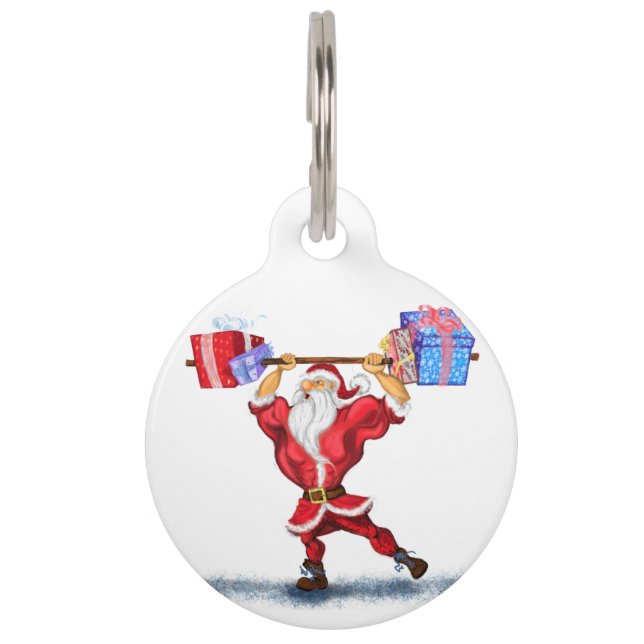Bodybuilder Santa Claus met kerstcadeautjes - Fun Huisdierpenning (Voorkant)
