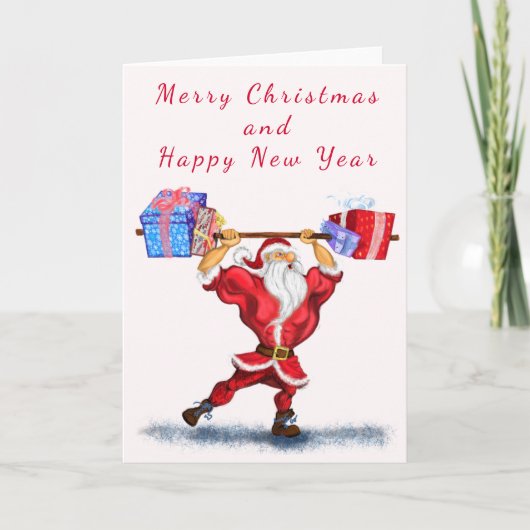 Bodybuilder Santa Claus met kerstcadeautjes - Fun Kaart (Voorkant)