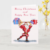 Bodybuilder Santa Claus met kerstcadeautjes - Fun Kaart (Gele Bloem)