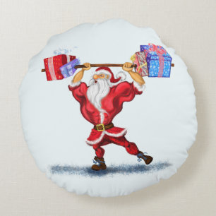 Bodybuilder Santa Claus met kerstcadeautjes - Fun Rond Kussen