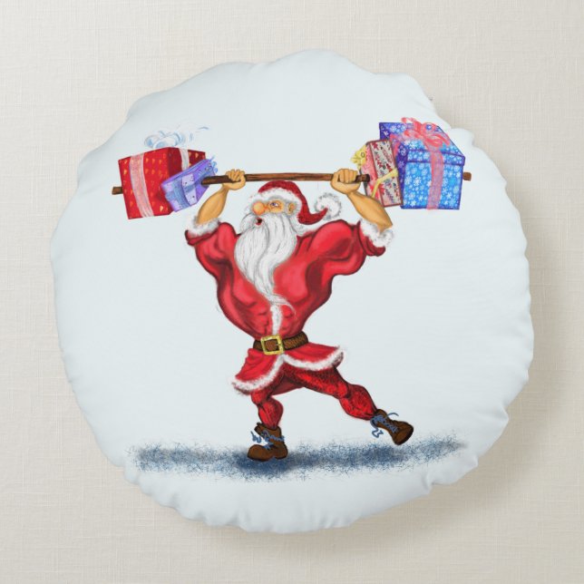 Bodybuilder Santa Claus met kerstcadeautjes - Fun Rond Kussen (Achterkant)