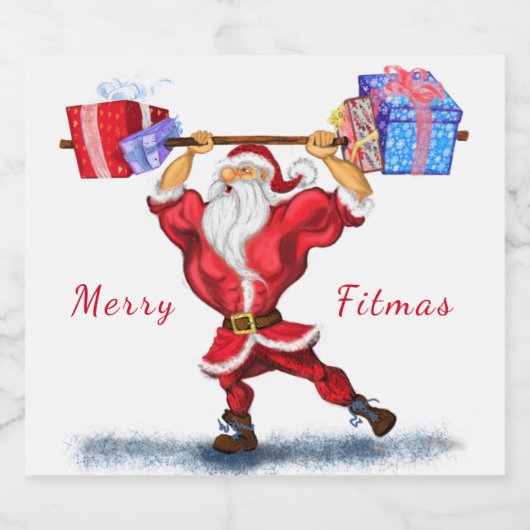 Bodybuilder Santa Claus met kerstcadeautjes - Fun Sparkling Wijnetiket (Enkel label)