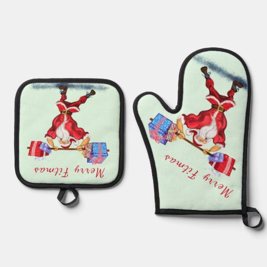 Bodybuilder Sinterklaas met Gift Grappige Kerstmis Ovenwant & Pannenlap Set (Voorkant)