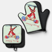 Bodybuilder Sinterklaas met Gift Grappige Kerstmis Ovenwant & Pannenlap Set (Voorkant / Achterkant)